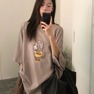 大7女32795春夏韩版宽松大码胖mm休闲慵懒松弛风小马印花短袖T恤