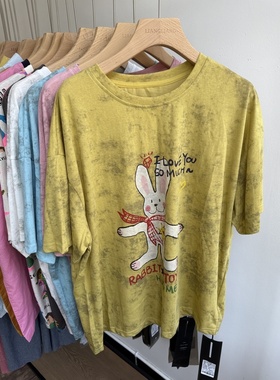 小王家73203夏女字母卡通扎染韩版宽松大码胖mm休闲慵懒风短袖T恤