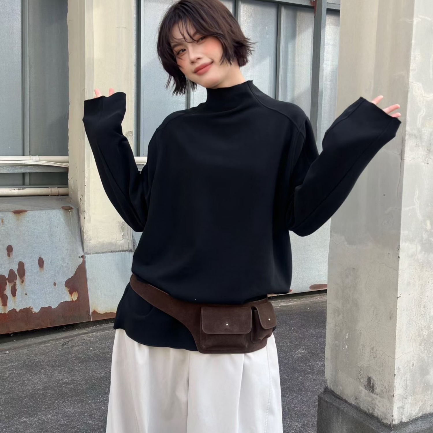 幕茄女552373冬新品花边双面绒立领宽松大码胖mm慵懒风打底衫T恤