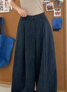大7女装21527夏季新款韩版宽松胖mm休闲慵懒风直筒阔腿条纹气球裤