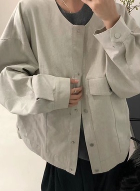 大7女装32516秋时尚宽松大码胖mm慵懒休闲风百搭圆领洗水牛仔外套