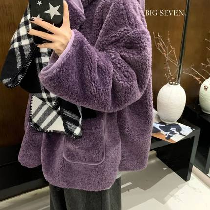 大7女装冬季新品韩版宽松大码胖mm慵懒连帽仿羊羔毛皮毛一体外套