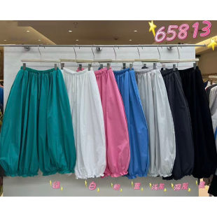 WE女65813夏季韩版宽松大码胖mm慵懒休闲抽绳阔腿灯笼九分花苞裤