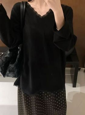 大7女装32678冬新品宽松大码胖mm慵懒风蕾丝拼接V领正肩打底衫T恤
