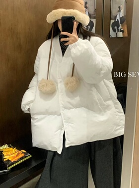 大7女21730冬韩版宽松大码胖mm慵懒风百搭抽绳V领棉服面包服外套