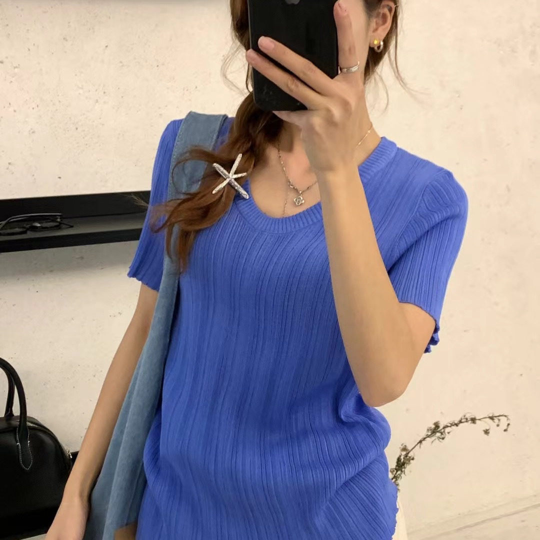 大7女装春夏小众韩版宽松大码胖mm显瘦圆领薄款针织短袖上衣T恤潮