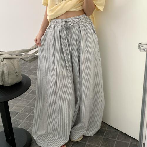 大7女21928夏季韩版宽松大码胖mm慵懒松弛风高腰竖条纹阔腿九分裤