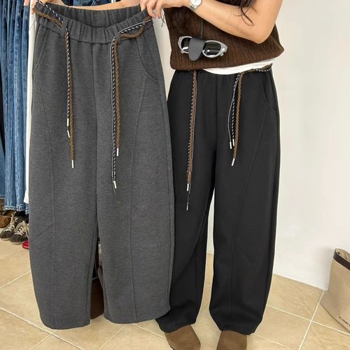 酷知坊935冬女神宽松大码胖mm慵懒休闲高腰加绒加厚阔腿弯刀长裤