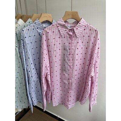 小王家73136春夏新款胖mm韩版宽松大码休闲慵懒钩花条纹长袖衬衣