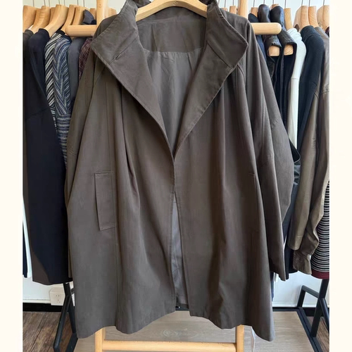 WE女装45896秋薄款宽松大码胖mm慵懒松弛风百搭立领长款风衣外套