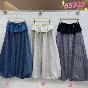 WE女65325夏韩版宽松大码胖mm慵懒休闲风花边格子阔腿灯笼花苞裤