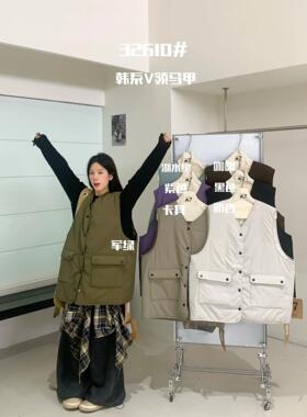 大7女装32610冬季韩版宽松大码胖mm慵懒松弛百搭V领工装棉服马甲