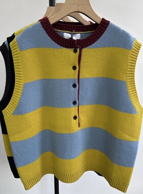 小王家19295冬女神撞色条纹针织开衫宽松大码胖mm休闲慵懒风马甲