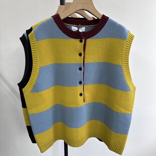 小王家19295冬女神撞色条纹针织开衫 胖mm休闲慵懒风马甲 宽松大码