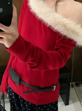 大7女装78516冬洋气宽松大码胖mm慵懒风时尚毛领斜肩T恤打底上衣