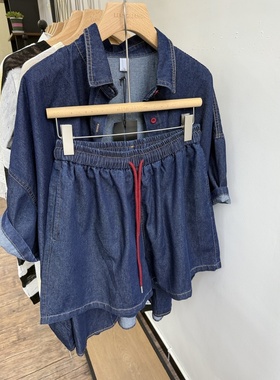 小王家82205秋季胖mm韩版宽松大码休闲彩扣牛仔衬衫短裤两件套装