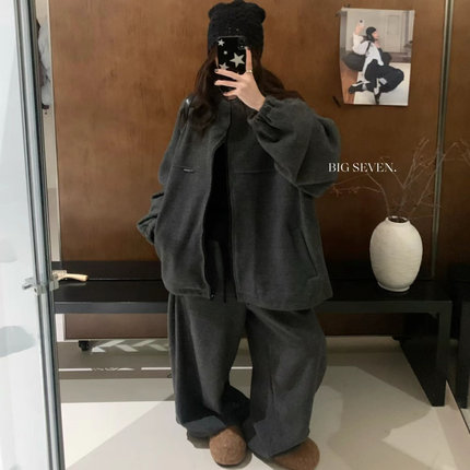 大7女装32639冬新品宽松大码胖mm慵懒休闲风立领加绒拉链夹克外套