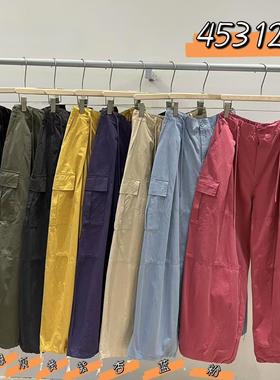 WE女453122秋季新款韩版宽松大码胖mm松弛风松紧高腰工装阔腿长裤