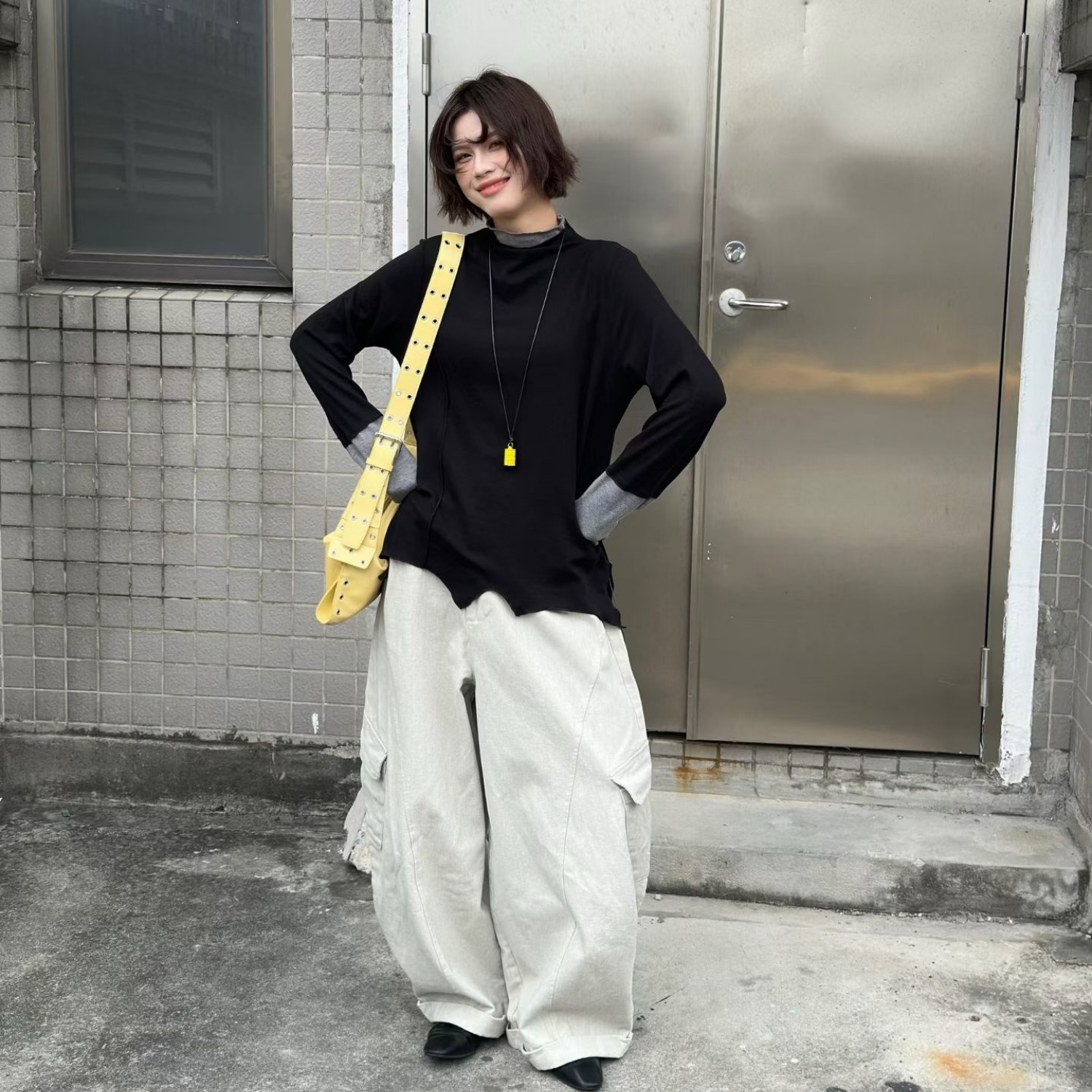 becabeau女561913冬新品宽松大码胖mm慵懒不规则假两件弹力打底衫