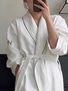 万豪新款青年W酒店浴袍男女春夏薄款加长睡袍情侣白色浴衣四季款