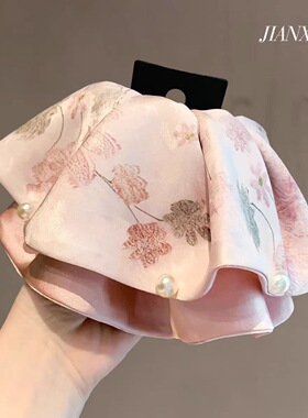新中式淡雅印花缎面珍珠马尾夹气质温柔盘发夹后脑勺复古抓夹发夹
