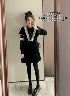 FF BLUE 大小姐驾到 乖巧精致丝绒蕾丝连衣裙黑色甜美内搭裙子