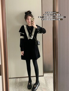 FF BLUE 大小姐驾到 乖巧精致丝绒蕾丝连衣裙黑色甜美内搭裙子