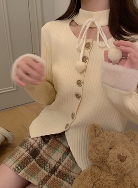 FF BLUE 圣诞猫猫 毛球镂空围脖开衫针织衫节日氛围设计感打底衫