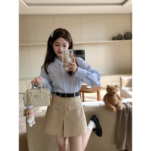 BLUE 送皮带 矮妹bi入 裙 a字半身裙 卡其色显高显瘦口袋西装