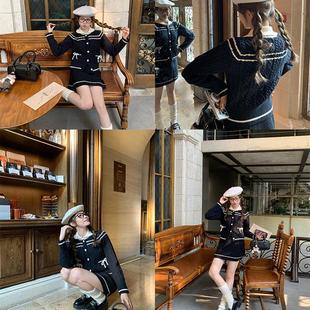 两色学院风娃娃翻领麻花毛衣女针织半裙两件套 奥兰女校 BLUE