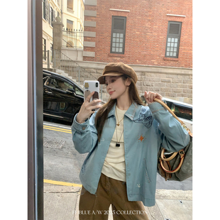 原创100棉童趣感猫咪系列刺绣翻领牛仔外套夹克 BLUE哈吉米