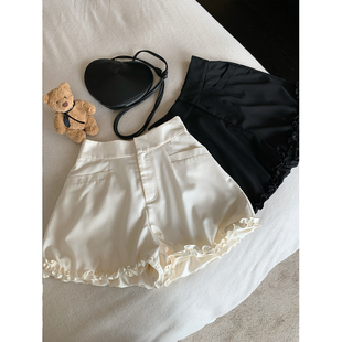 BLUE 阔腿裤 黑糖姜撞奶 纯色百搭短款 少女花边高腰A字小短裤