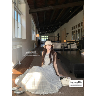 FF BLUE 薄荷青提 清透温柔荡荡领格纹无袖上衣不规则半裙套装夏