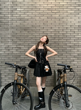 FF BLUE 鬼马少女 Y2K黑色内穿外搭甜酷百褶背心裙高级感连衣裙