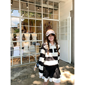 短裙 纯棉翻领花边Polo领条纹黑白拼接百褶长 BLUE 比利佛女高