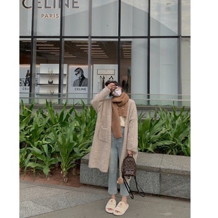 女开衫 毛针织衫 软糯慵懒混色大口袋厚实长款 外套 BLUE燕麦欧包