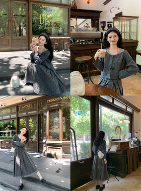 FF BLUE 赫拉小姐 灰色圆领气质针织背心开衫波点长款百褶裙套装