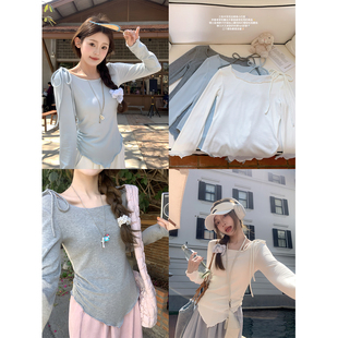 三色慕斯羊绒木耳花边打底上衣大领口百搭T恤女 迷雾空间 BLUE