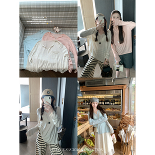 春秋温柔天丝亚麻三色V领针织打底衫 初秋松弛 百搭上衣女 BLUE