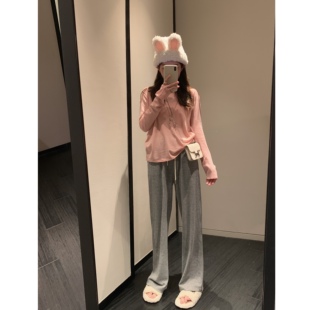 女宽松显瘦垂坠感休闲裤 百搭高腰直筒阔腿裤 五色汤汤裤 BLUE