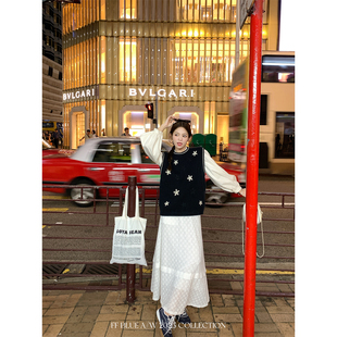 FF BLUE 夜色鸢尾 抗起球绵羊绒立体刺绣小白花针织背心蕾丝半裙