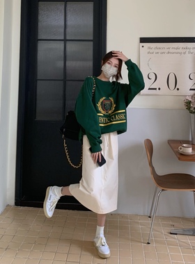 FF BLUE 小清新百搭纯棉抽绳直筒显瘦休闲通勤白色中长款半身裙