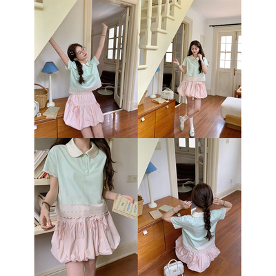 FFBLUE娃娃领拼色蕾丝衬衫