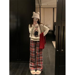 FF BLUE 美院画廊 美式复古高腰格子阔腿裤加绒宽松休闲直筒裤女