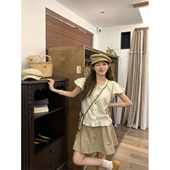 日落拿铁 BLUE 高腰百褶松紧卡其色半裙女显高显瘦纯色a字短裙