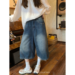 宽松直筒阔腿中裤 藏肉显瘦毛边牛仔七分裤 小个子 BLUE蓝调胶片