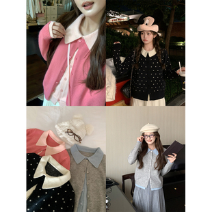 韩系撞色修身 假两件翻领拼接针织开衫 精灵旅社 毛衣外套 BLUE