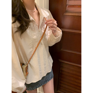 风琴褶可爱内搭休闲上衣 蕾丝拼接精致小心机衬衫 BLUE布里奶酪