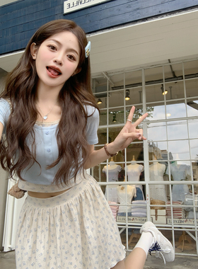 FFBLUE 绯红少女 假两件碎花修身短款上衣少女感A字遮肉短裙套装