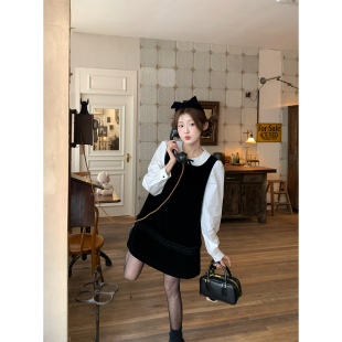 绝美小个子纯棉娃娃领衬衫 复古小千金 丝绒背心裙两件套 BLUE